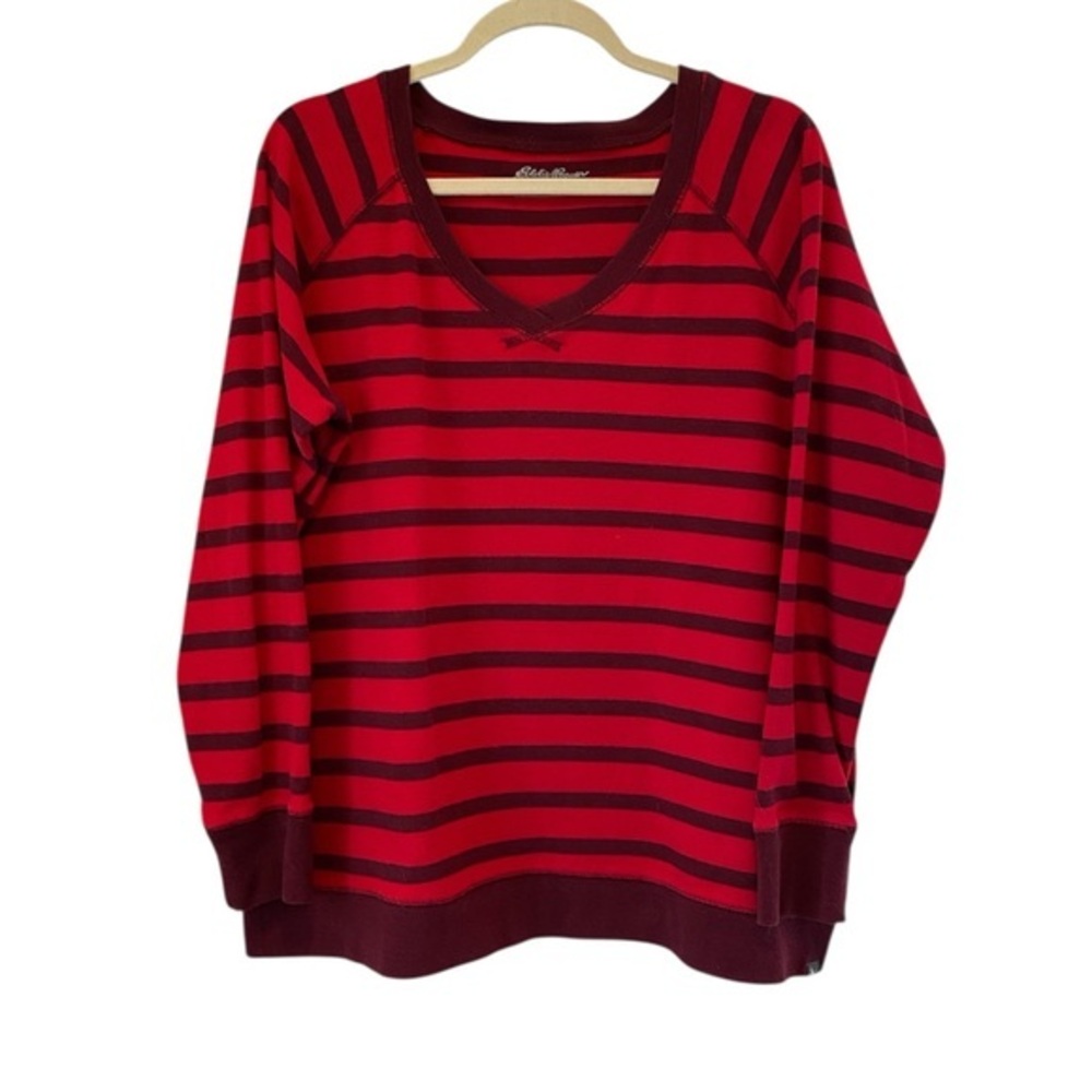 EDDIE BAUER Legend Wash Red/Burgundy‎ Striped V-Neck Sweater Women’s 2XL